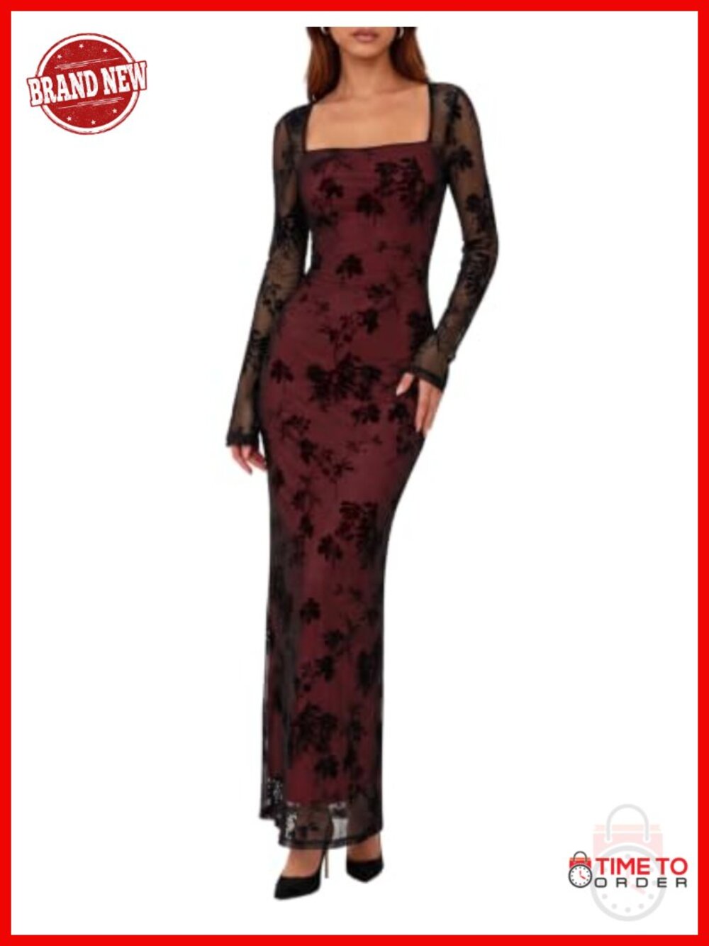 Women's Floral Mesh Long Sleeve Maxi Bodycon Dress Semi Formal Wedding Guest